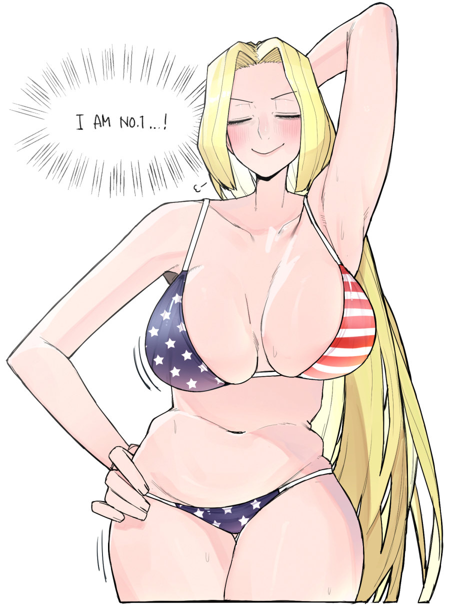 1girls 2d america_(ohasi) american american_flag american_flag_bikini armpits arms_up big_breasts bikini blonde_hair blush breasts breasts_bigger_than_head closed_eyes color english_text female female_focus female_only flag_bikini flag_print hand_on_hip long_hair navel ohasi pose proud simple_background smug solo sweat sweatdrop swimsuit text