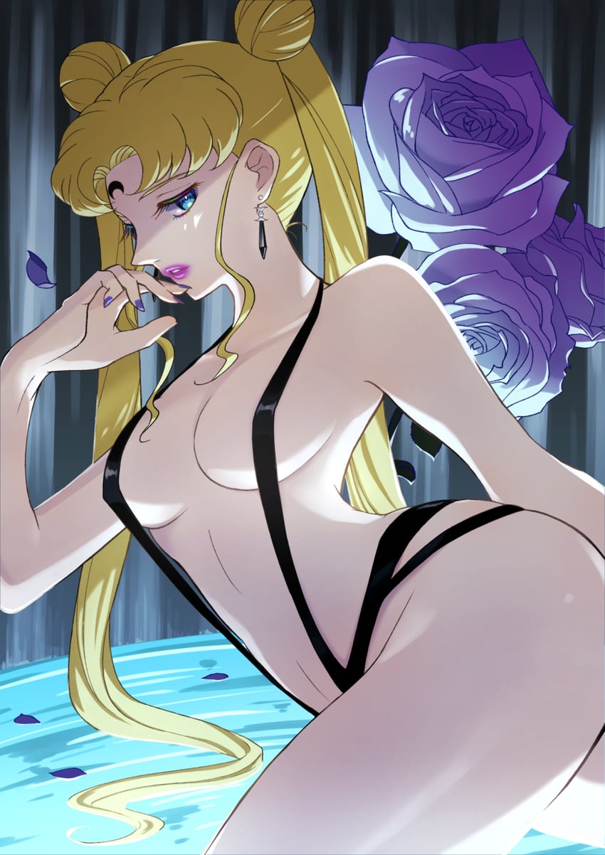 1girls ass barely_clothed bishoujo_senshi_sailor_moon black_straps blonde_hair blue_eyes forehead_mark hips jewelry kikopoko11 long_hair medium_breasts midriff parted_bangs pink_lips pink_lipstick rose slingshot_swimsuit small_breasts straps swimsuit thick_thighs thighs twintails usagi_tsukino very_long_hair