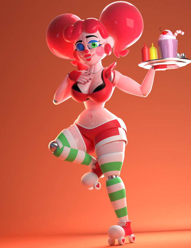 baby_(fnafsl) bikini_top blush breasts circus_baby circus_baby_(fnaf) cleavage crop_top earrings five_nights_at_freddy's five_nights_at_freddy's:_sister_location gloves green_eyes green_socks green_stockings green_stripes heart-shaped_pupils holding_object looking_at_viewer pale_skin ponytail red_hair red_lipstick robot robot_girl roller_skates shoes shorts sister_location smile socks solo stockings striped striped_legwear stripes summer_of_87_baby thick_thighs thigh_highs thighhighs visible_bra_through_clothes wide_hips