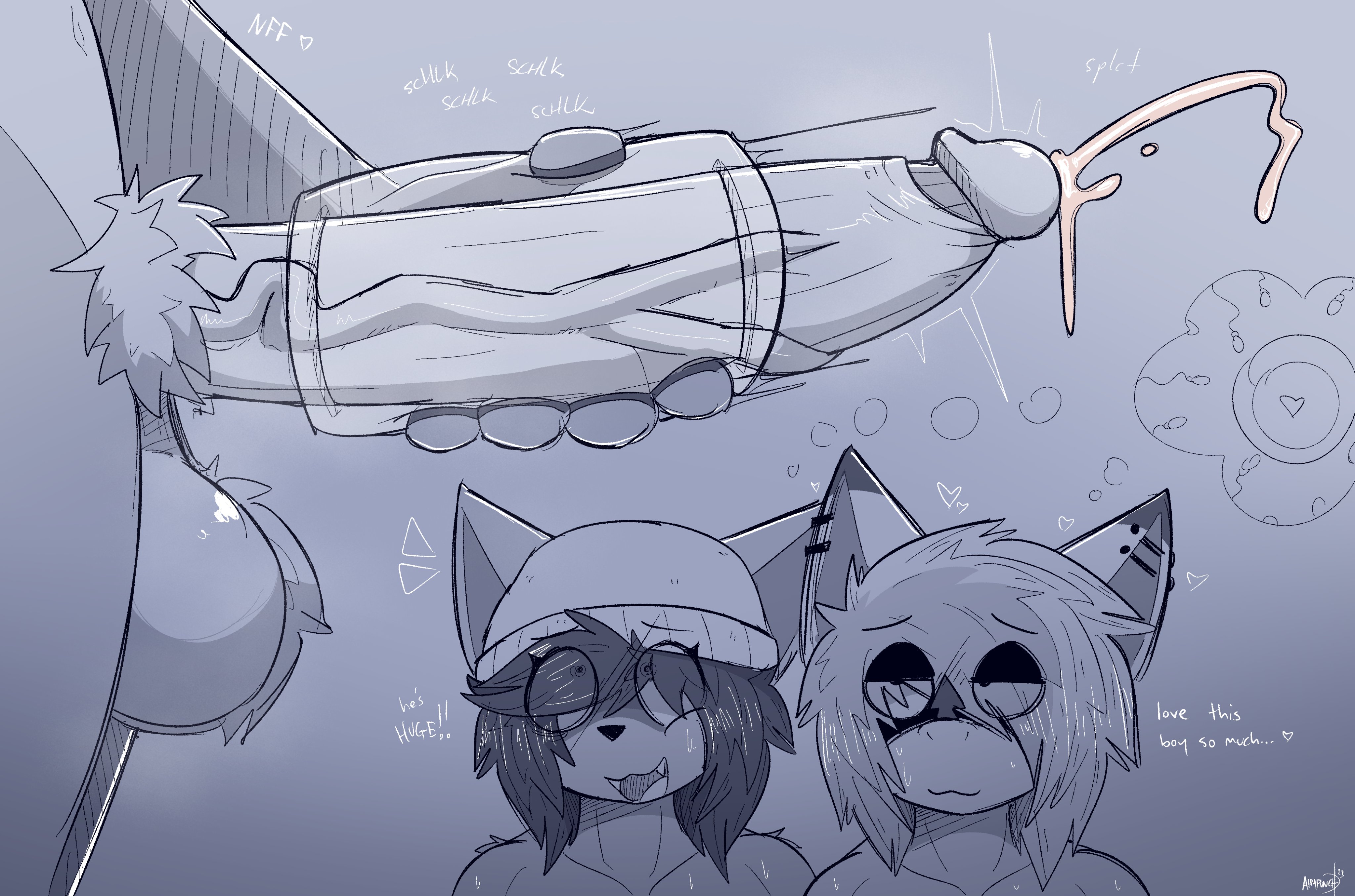 3boys, absurd res, aimpunch, anthro, artist signature, azura (aimpunch), balls, balls tuft, ballsack, bat, beanie, being watched, big balls, big penis, clothing, cock hungry, cum, cumshot, dark hair, drakon (aimpunch), ejaculation, english text, erection, femboy, fluffy, foreskin, foreskin folds, fully retracted foreskin, furry, gay, genitals, hat, headgear, headwear, heart, hi res, huge cock, humanoid penis, light hair, looking at another, male, male only, male pubic hair, mammal, masturbation, monochrome, nude, nude male, original, original character, ovum, penetrable sex toy, penis, penis awe, penis size talk, piercing, procyonid, pubes, pubic hair, raccoon, retracted foreskin, scrotum, sex toy, shocked, size talk, solo, sperm cell, sweat, testicles, text, thought bubble, tongue, tongue out, toony, uncensored, uncircumcised, uncut, unknown character, unknown species, veiny penis, white text