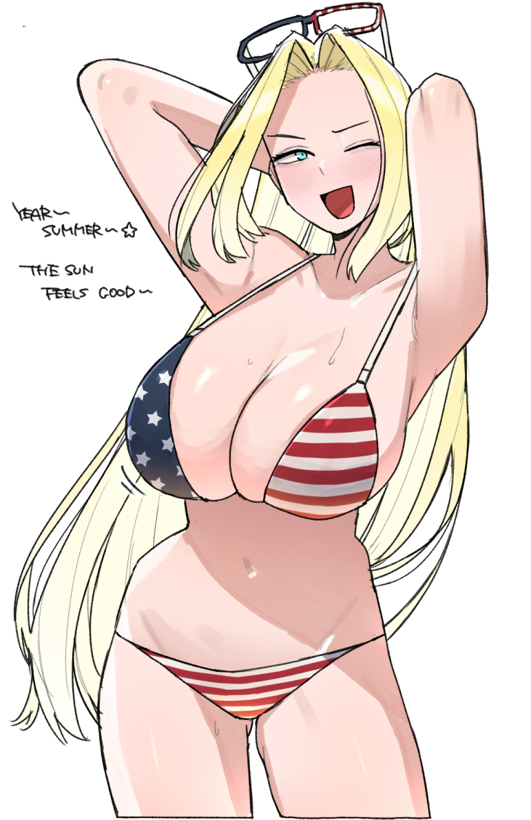 1girls 2d america_(ohasi) american_flag american_flag_bikini armpits arms_behind_head arms_up big_breasts bikini blonde_hair blush breasts breasts_bigger_than_head female female_focus female_only flag flag_bikini flag_print happy long_hair navel ohasi one_eye_closed pose smile solo sweat sweatdrop swimsuit united_states_of_america