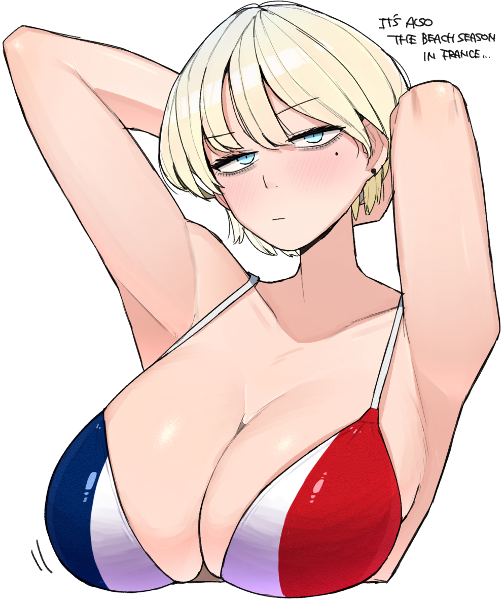 1girls 2d armpits arms_behind_head arms_up big_breasts bikini blonde_hair blush breasts breasts_bigger_than_head ear_piercing emotionless expressionless female female_focus female_only flag_bikini flag_print france france_(ohasi) french french_flag_bikini looking_at_viewer mole mole_under_eye ohasi short_hair swimsuit