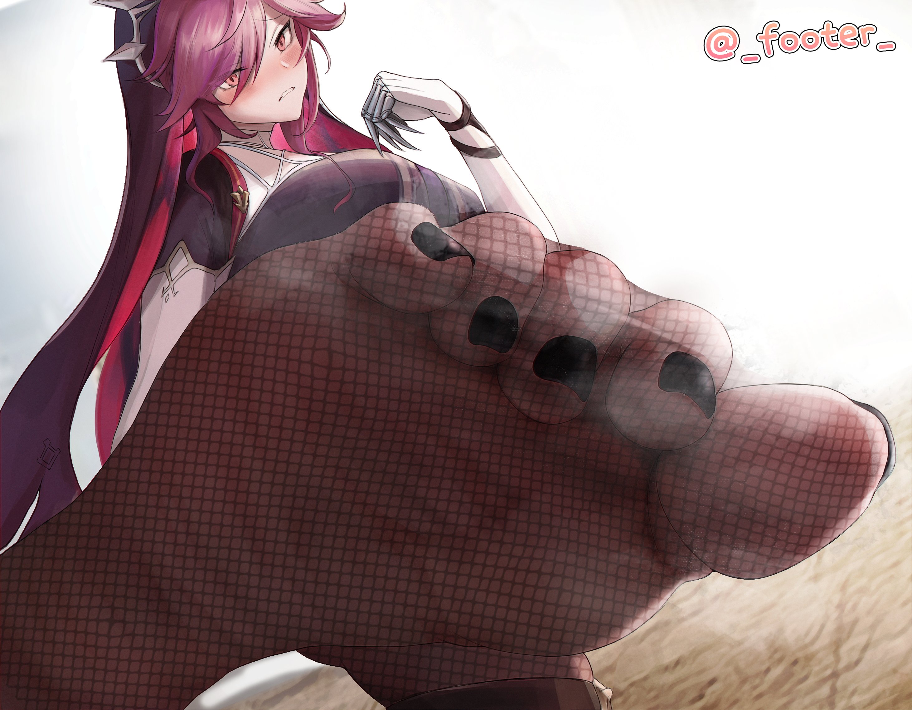 1girls, black toenails, breasts, feet, female, fishnet legwear, fishnet pantyhose, fishnet stockings, fishnets, foot fetish, foot focus, footer@unyaaan, genshin impact, legwear, magenta hair, magenta legwear, pantyhose, rosaria (genshin impact), soles, toes