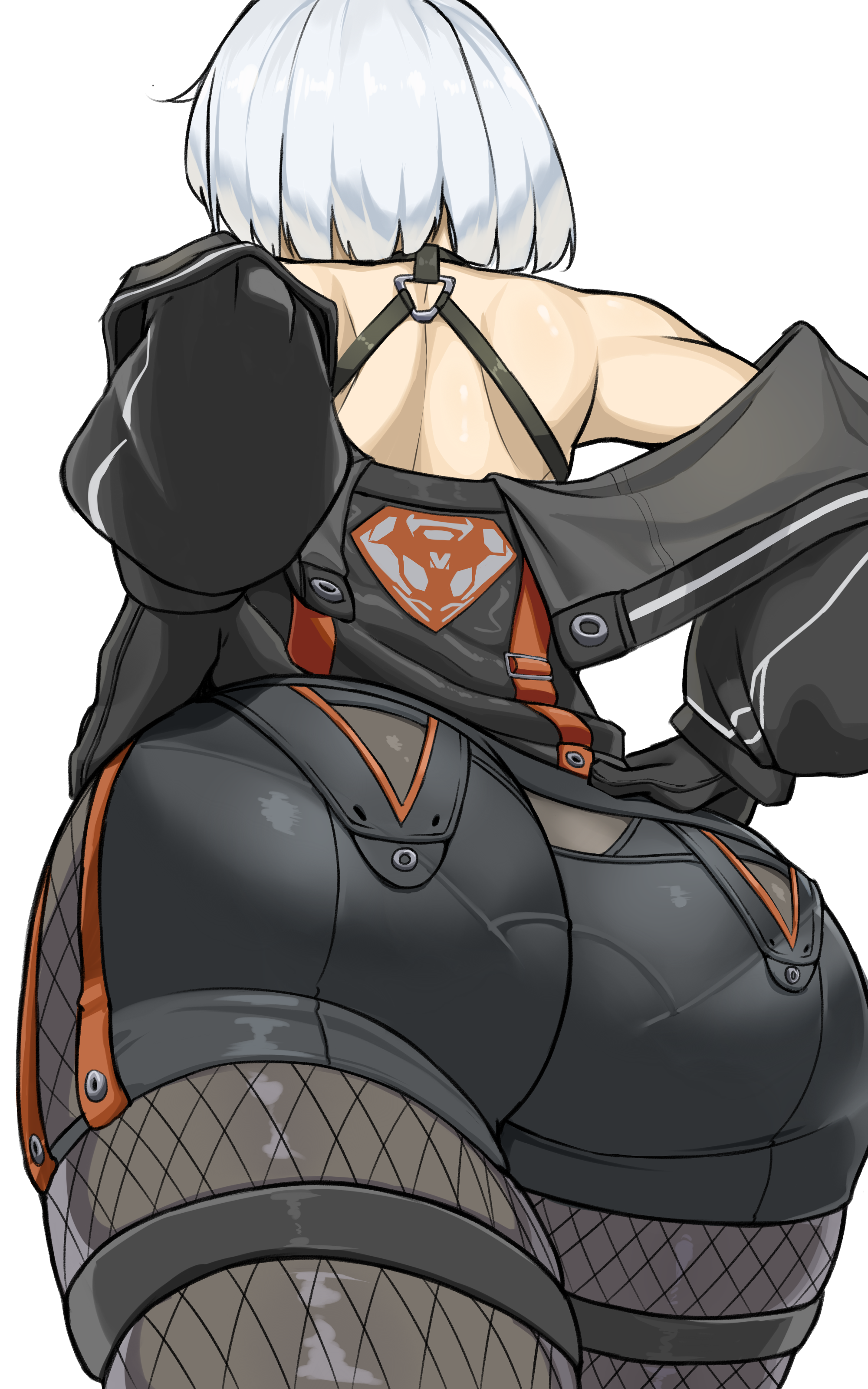 absurdres, alternate costume, artist request, ass, ass focus, bare shoulders, drake (nikke), drake (villain racer) (nikke), female, fishnet pantyhose, fishnets, from behind, from below, gloves, goddess of victory: nikke, goma., highres, huge ass, jacket, off shoulder, off-shoulder jacket, pantyhose, pantyhose under shorts, pantylines, short hair, short shorts, shorts, solo, white hair