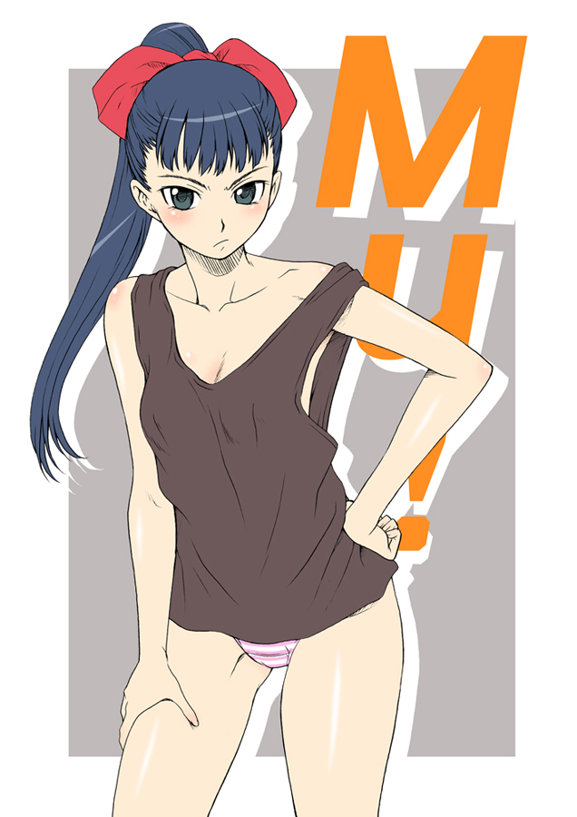 blue_hair kouda_tomohiro original panties ponytail shimapan striped striped_panties tank_top tied_hair underwear