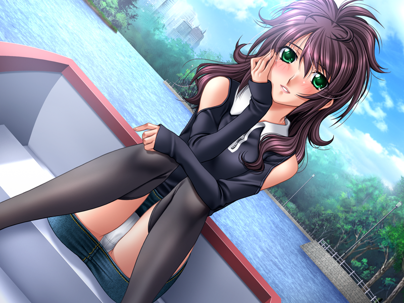 blush boat brown_hair cg eroge female_focus female_only game_cg ginpachi green_eyes himegoto long_hair panties riddle_soft shinjou_azusa solo_female solo_focus tagme upskirt water