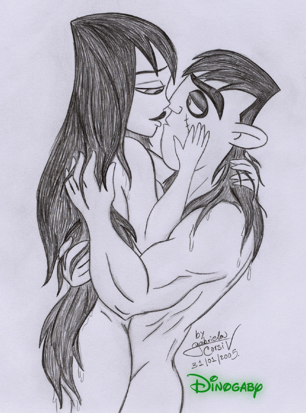 dinogaby disney dr._drakken embracing female human kim_possible kissing male monochrome nude shego straight wet_hair