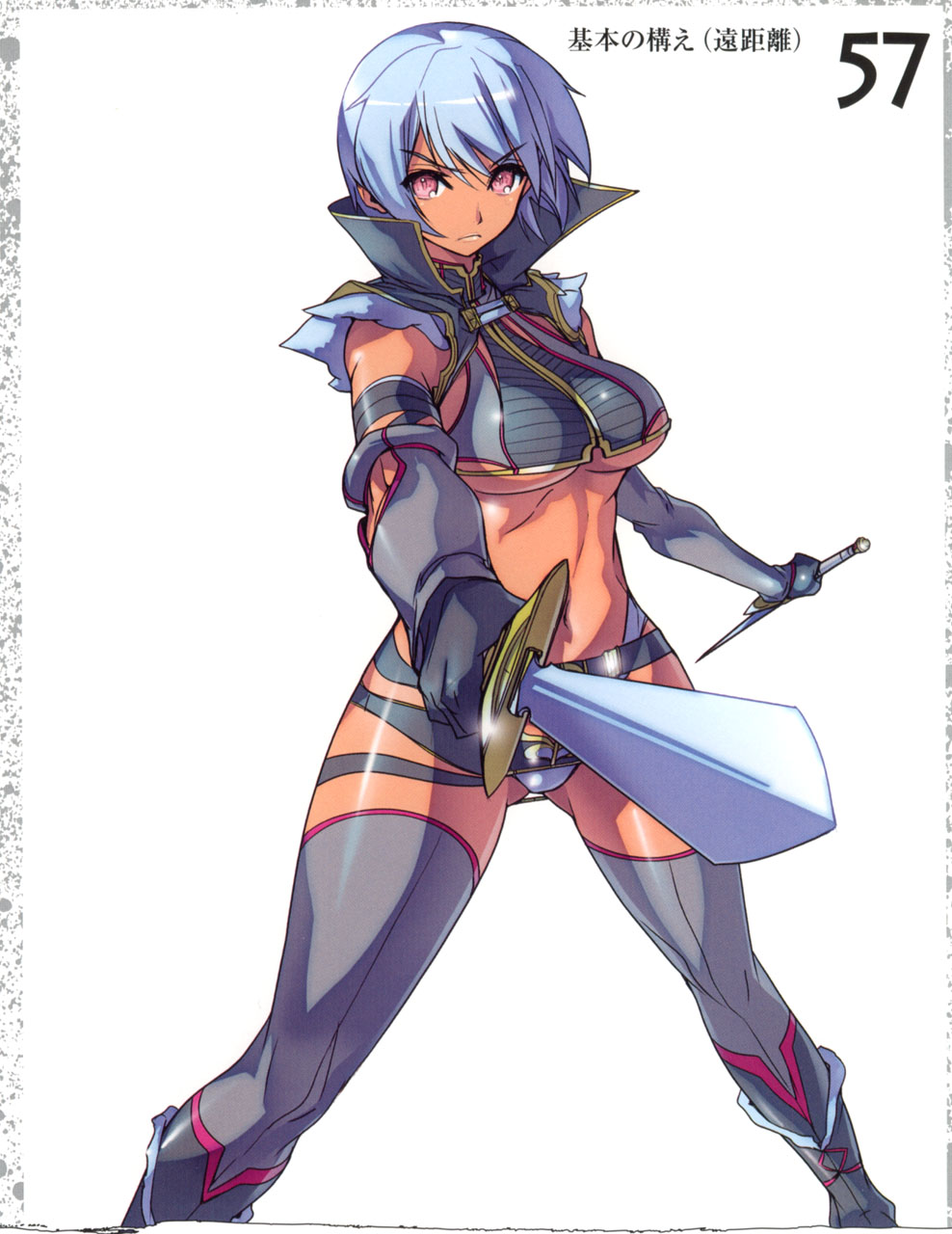 blue_hair breasts dagger dark_skin elbow_gloves gloves highres irma pink_eyes queen's_blade shitapai short_hair sword thighhighs underboob weapon