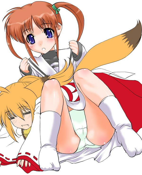 fox_ear japanese_clothes kuon_(triangle_heart) kuon_(triangle_hearts) lyrical_nanoha mahou_shoujo_lyrical_nanoha panties shinama socks tail takamachi_nanoha triangle_heart triangle_heart_3 underwear