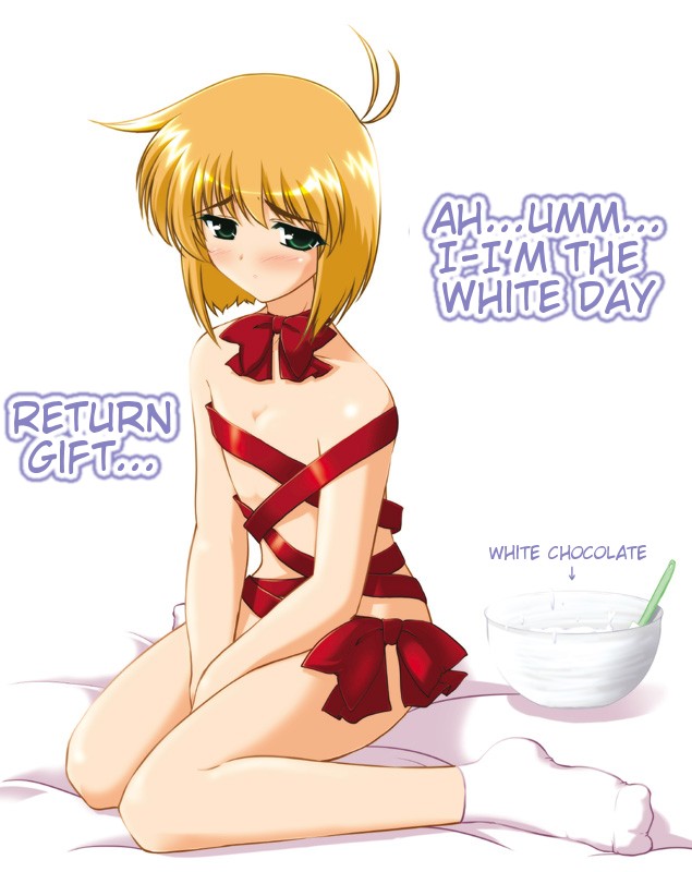 ashita_wa_docchi_da! blonde_hair blonde_hair doujinshi lyrical_nanoha mahou_shoujo_lyrical_nanoha mahou_shoujo_lyrical_nanoha_a's mahou_shoujo_lyrical_nanoha_a's mikage_kishi mikage_takashi naked_ribbon ribbon socks solo translated white_day yuuno_scrya