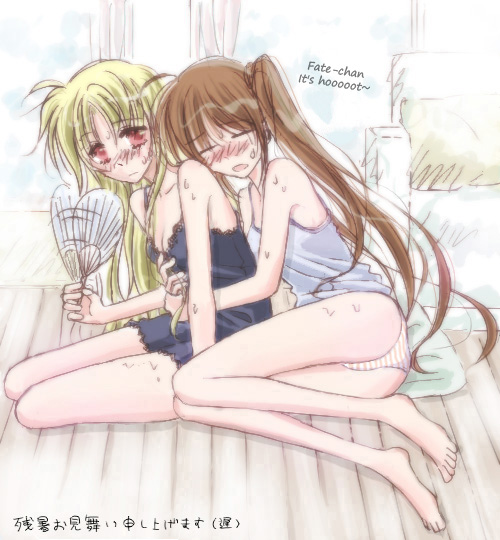 blush breasts cleavage english fan fate_testarossa feet female hard_translated hug hug_from_behind lingerie long_hair lying lyrical_nanoha mahou_shoujo_lyrical_nanoha mahou_shoujo_lyrical_nanoha_strikers motion_lines multiple_girls nightgown on_side panties paper_fan sitting striped striped_panties sweat takamachi_nanoha translated uchiwa underwear very_long_hair yokozuwari yuri zanshomimai