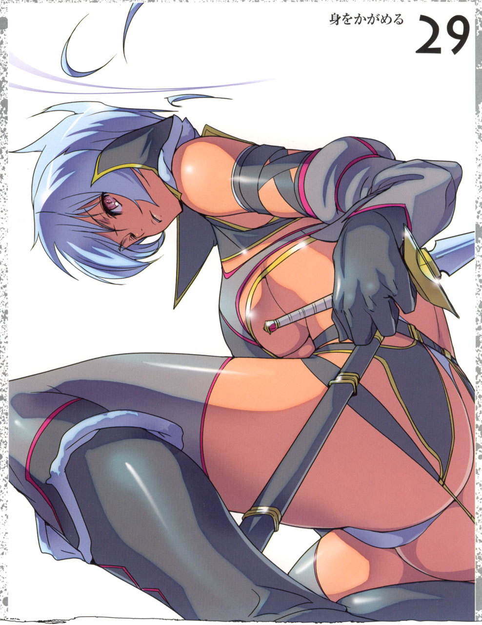 blue_hair breasts dagger dark_skin elbow_gloves gloves highres irma pink_eyes queen's_blade shitapai short_hair sword thighhighs underboob weapon