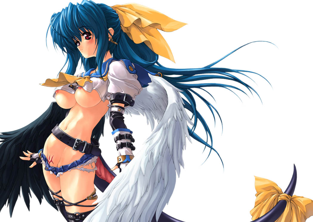 blue_hair breasts dizzy_(guilty_gear) guilty_gear midriff miwa_yoshikazu oppai pirate red_eyes ribbon shitapai tail tail_ribbon tattoo thighhighs underboob wings