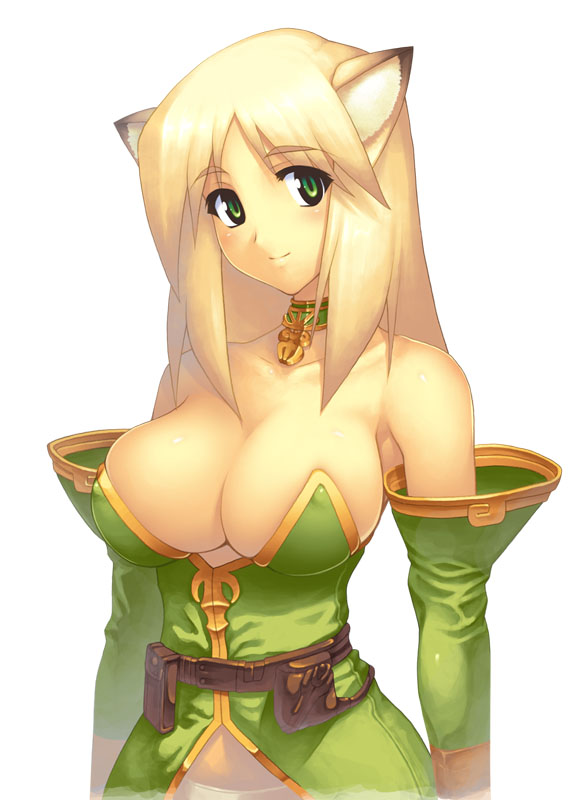 animal_ear animal_ears bare_shoulders blonde_hair blush body_blush breasts choker cleavage erect_nipples fantasy_earth_zero female female_only fox_ear fox_ears green_eyes huge_breasts looking_at_viewer oppai shitapai simple_background smile solo underboob white_background yn_red