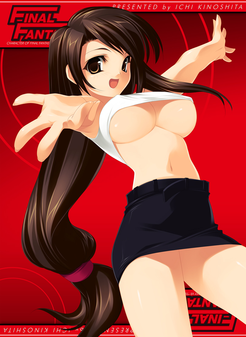 breasts brown_eyes brown_hair female female_only final_fantasy final_fantasy_vii happy_core human kinoshita_ichi large_breasts long_hair low-tied_long_hair midriff miniskirt oppai shirt_lift shitapai skirt solo tifa_lockhart underboob