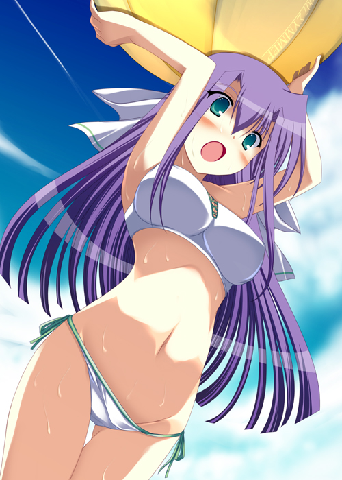 ball beach_ball bikini blush ginga_nakajima green_eyes ibuki_pon long_hair lyrical_nanoha mahou_shoujo_lyrical_nanoha mahou_shoujo_lyrical_nanoha_strikers mizugi purple_hair side-tie_bikini solo swimsuit wet