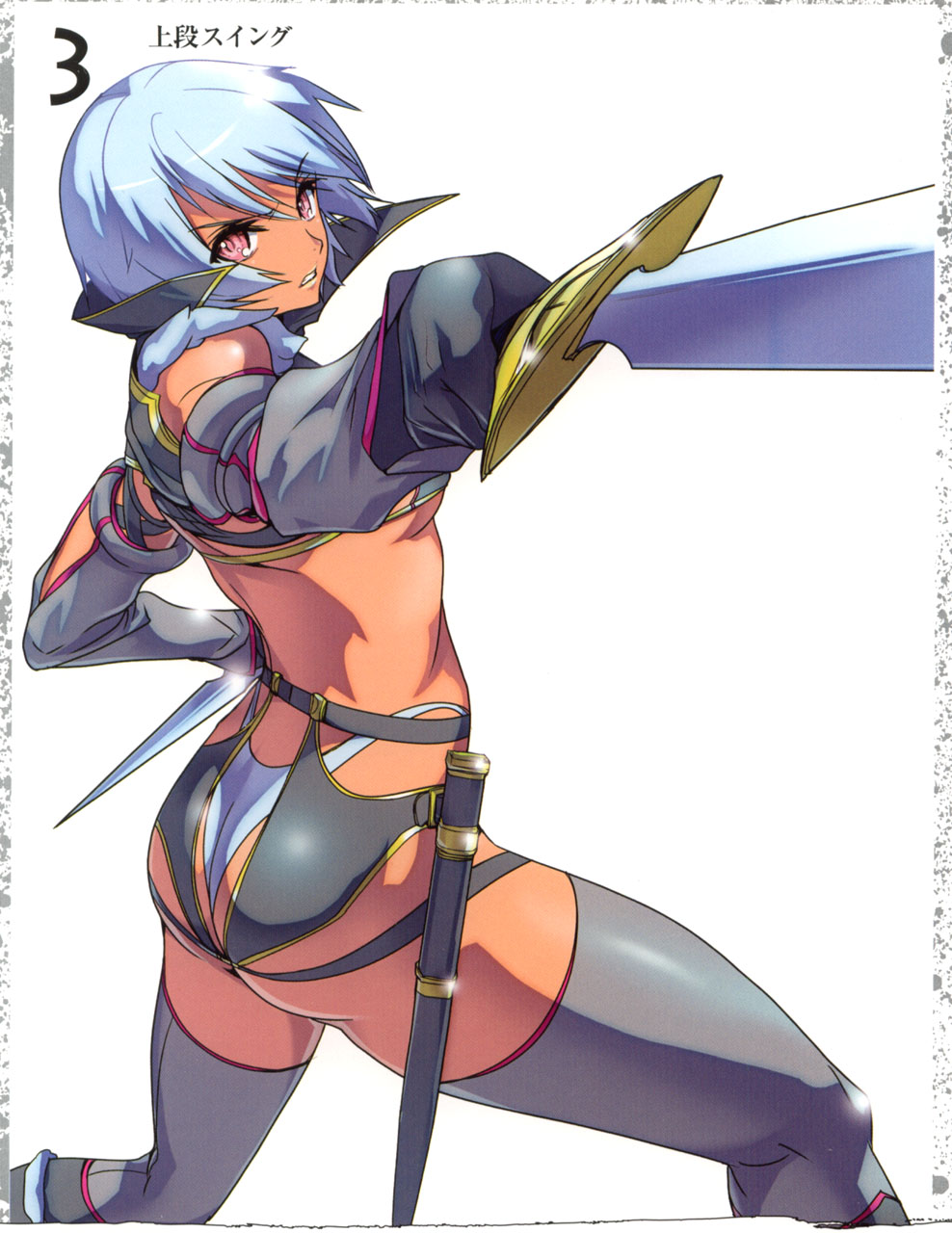 blue_hair breasts dark_skin elbow_gloves gloves highres irma pink_eyes queen's_blade shitapai short_hair sword thighhighs underboob weapon