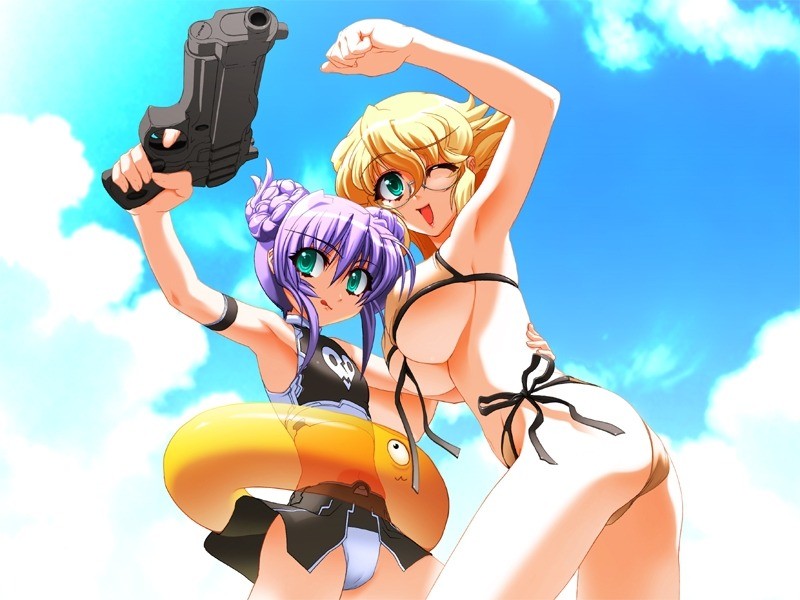 bikini blonde_hair breasts demonbane double_bun dunsany glasses gun handgun huge_breasts innertube leica_(demonbane) niθ nishii_(nitroplus) niî¸ panties pistol purple_hair shitapai side-tie_bikini standing swimsuit underboob underwear weapon wink