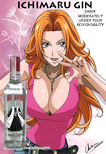 1girls ad advertisement alcohol belt bleach breasts cleavage engrish female female_only huge_breasts ichimaru_gin long_hair matsumoto_rangiku natsufan oppai orange_hair parody pun ranguage signature solo w