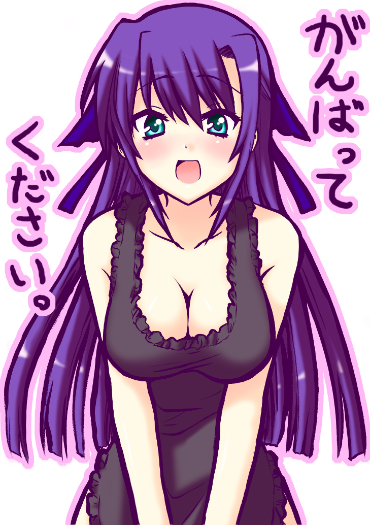 aqua_eyes blush breasts cleavage ginga_nakajima lyrical_nanoha mahou_shoujo_lyrical_nanoha_strikers naked_apron oppai purple_hair saki_chisuzu sakichi_suzu translated v_arms