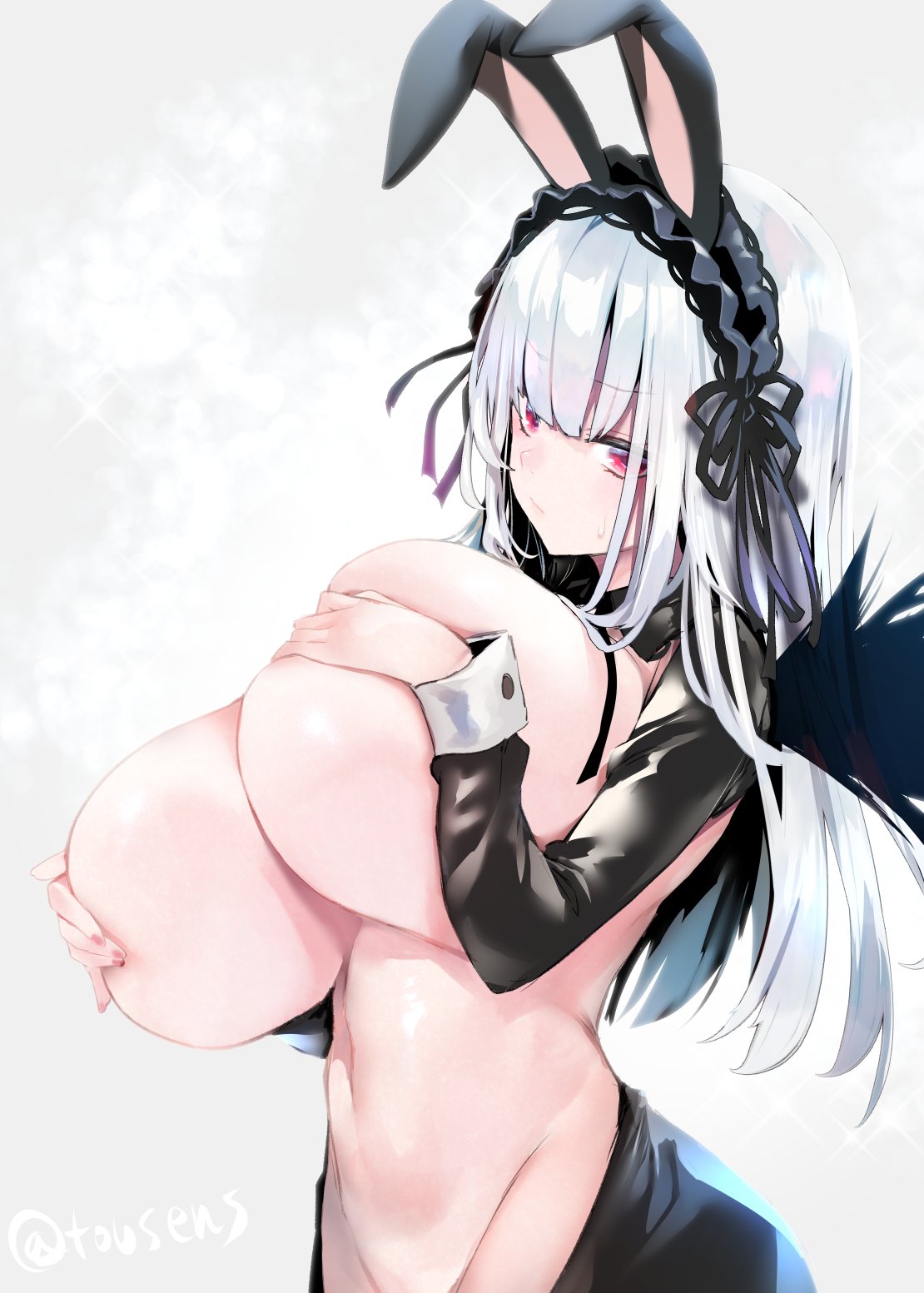 1girls alternate_breast_size breasts bunny_ears covering_nipples female gigantic_breasts heavy_breasts holding_breast looking_at_viewer red_eyes reverse_bunnysuit rozen_maiden solo suigintou sweat tousen waist_up white_hair