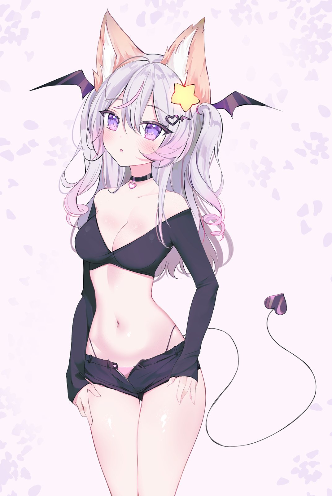 animal_ears anny_(artist) annytf big_breasts female fox_ears fox_girl hair_ornament heart_tail hi_res light-skinned_female light_skin long_hair looking_at_viewer pink_panties purple_eyes shorts smooth_skin solo_female succubus tail thick_thighs unbuttoned_shorts virtual_youtuber wings_on_head