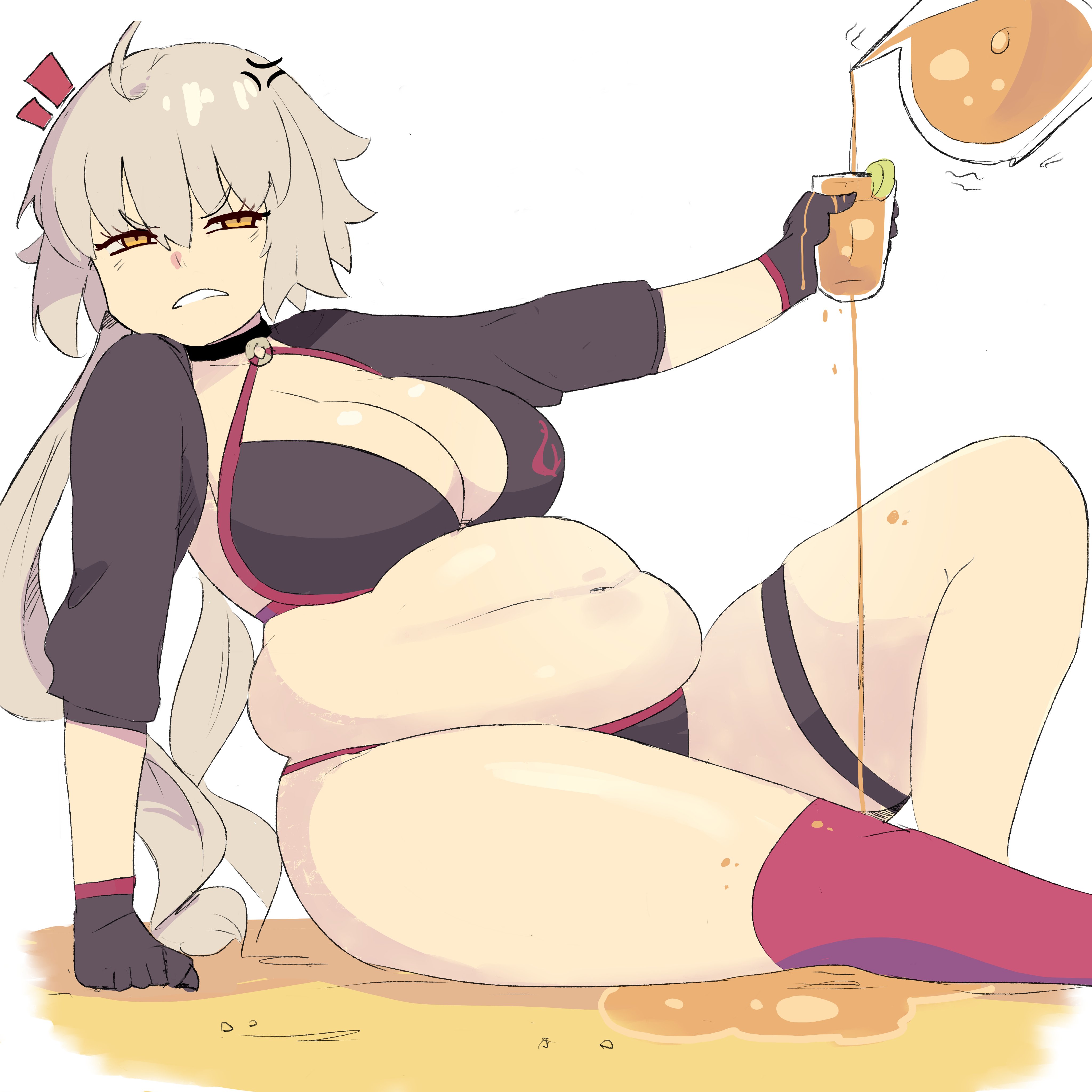 1girls, 1other, ambiguous gender, angry, bikini, breasts, chubby, chubby female, fate (series), female, huge belly, huge breasts, jeanne alter, jeanne alter (swimsuit berserker), napolitane, overflow, overweight female, thick thighs
