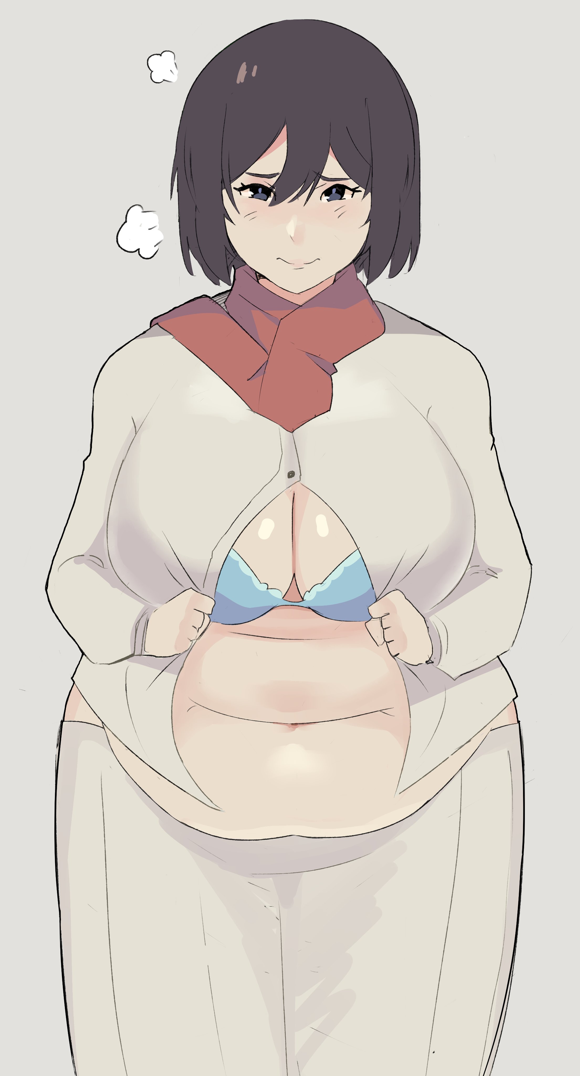 1girls, attack on titan, black hair, blue bra, breasts, chubby, chubby female, female, huge belly, huge breasts, mikasa ackerman, napolitane, red scarf, shingeki no kyojin, struggling to fit, wardrobe malfunction