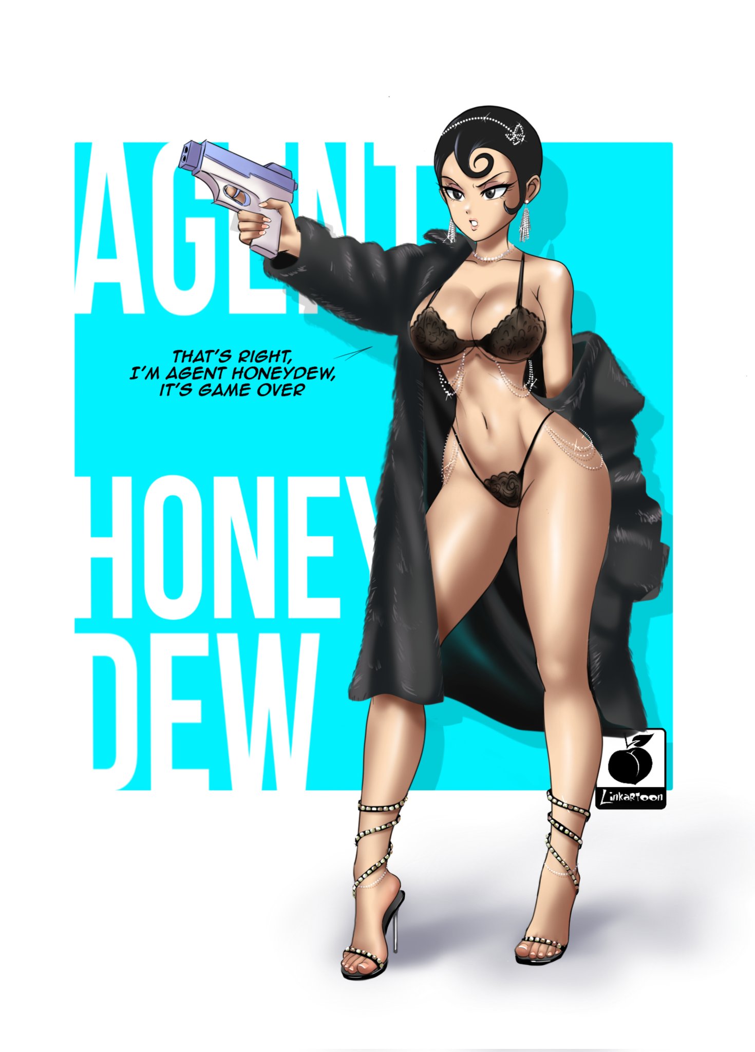 agent honeydew, artist logo, big breasts, breasts, chains, dexter's laboratory, earrings, english text, female, fur coat, heels, high heels, hourglass figure, lingerie, linkartoon, slim waist, stiletto heels, text in background, tiara, very high heels