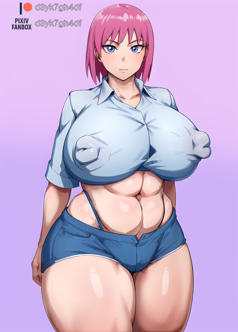 abs ai_generated beauty_(bobobo) bobobo-bo_bo-bobo closed_mouth covered_nipples curvy denim_shorts female female_only huge_breasts huge_nipples kunaboto_(style) midriff short_shorts stable_diffusion standing style_parody venus_body voluptuous white_shirt