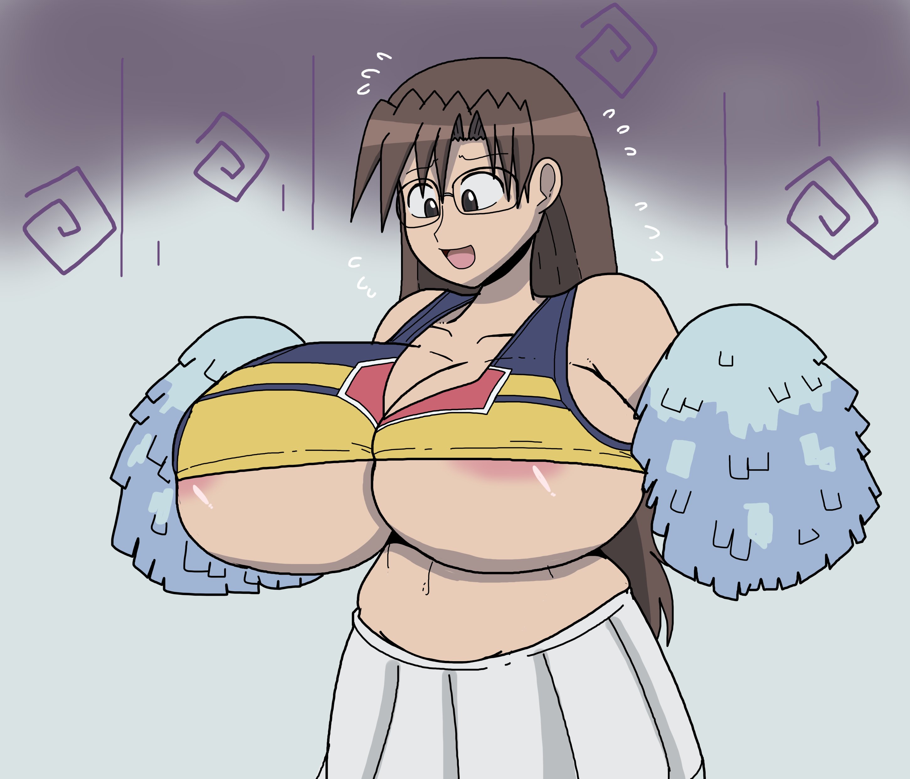 1girls, areola slip, areolae, azumanga daiou, big breasts, breasts, cheerleader, cheerleader uniform, female, gigantic breasts, glasses, huge breasts, inconvenient breasts, koyomi mizuhara, large breasts, long hair, massive breasts, poopishness, underboob