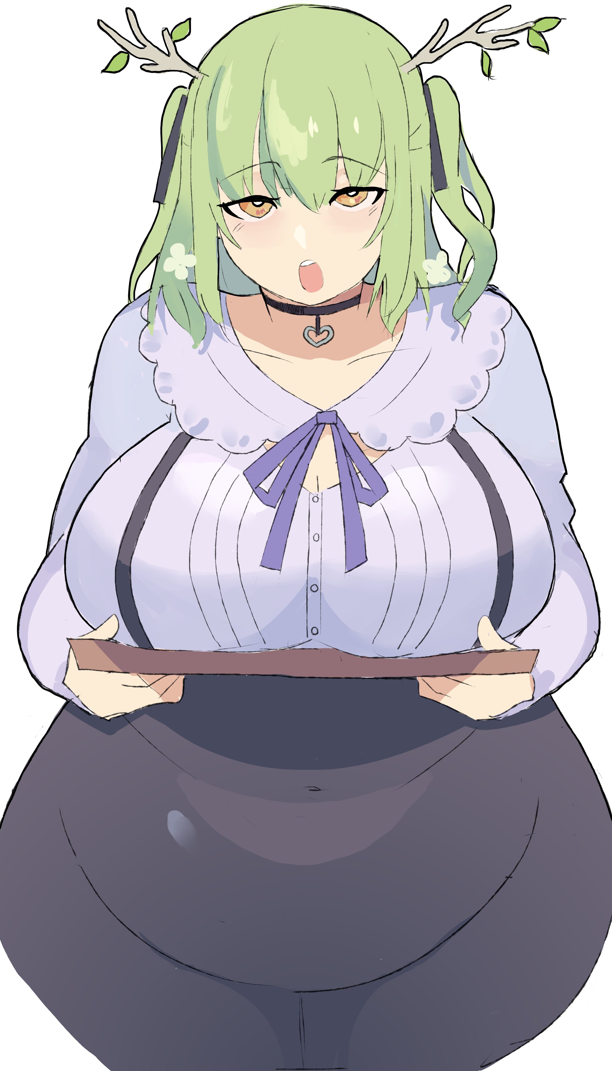 1girls, alternate costume, breasts, breasts on tray, ceres fauna, ceres fauna (3rd costume), fat, female, fully clothed, green hair, hololive, hololive english, hololive english -council-, huge belly, huge breasts, napolitane, virtual youtuber