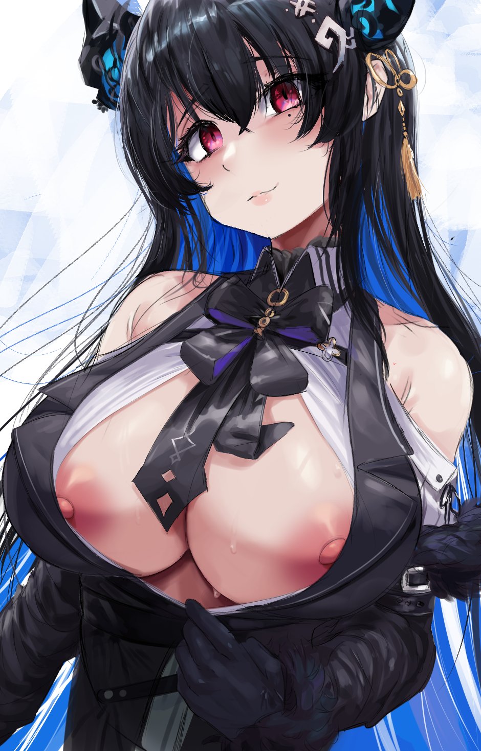 black_hair breasts exposed_breasts exposed_nipples exposing exposing_breasts exposing_self hair_ornament hololive hololive_english hololive_english_-advent- large_breasts long_hair looking_at_viewer nerissa_ravencroft nipples pink_eyes pulling_clothing ribbon silverqueen0 tagme tie virtual_youtuber