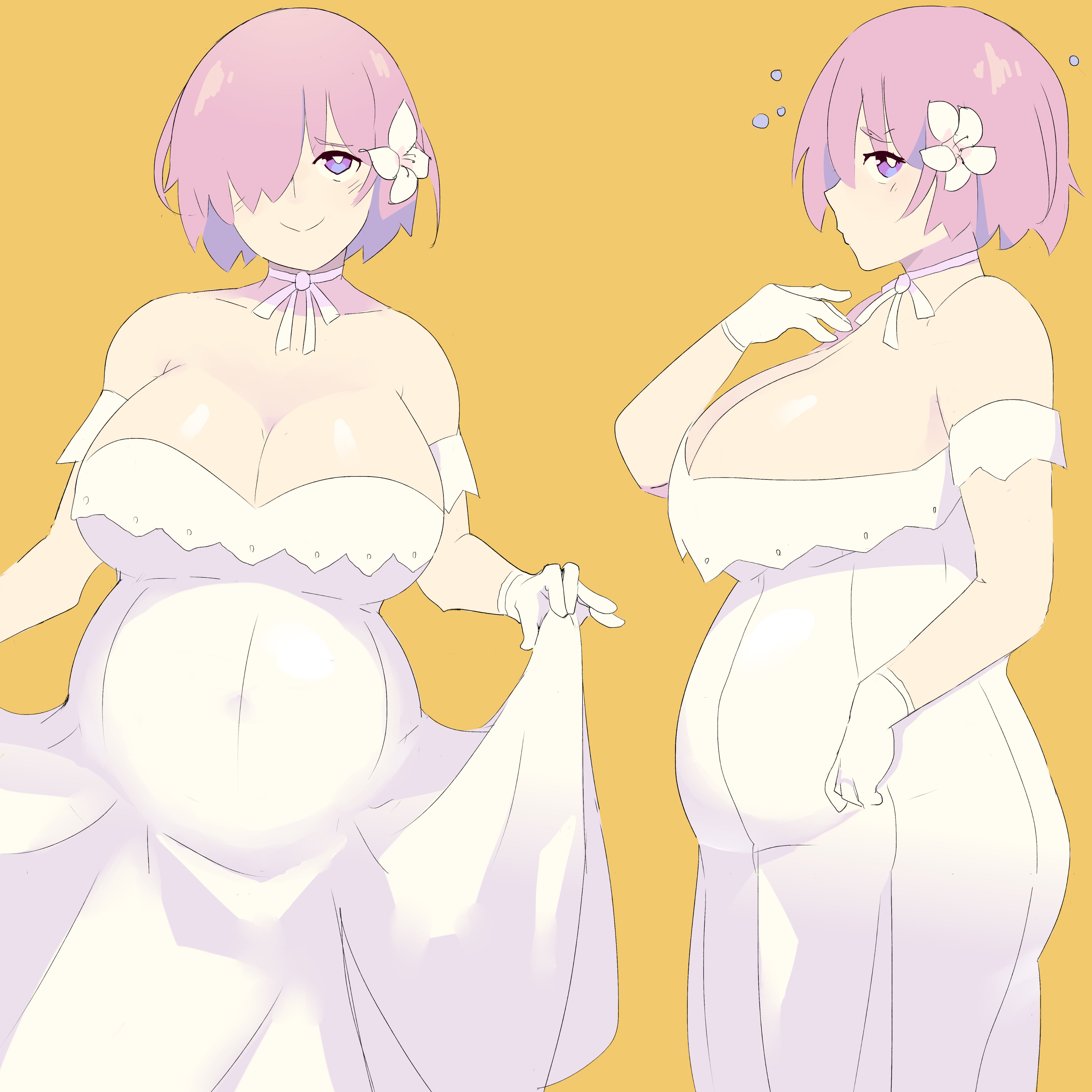 1girls, breasts, fate (series), fate/grand order, female, flower in hair, happy, huge belly, huge breasts, mash kyrielight, napolitane, pink hair, tagme, wedding dress