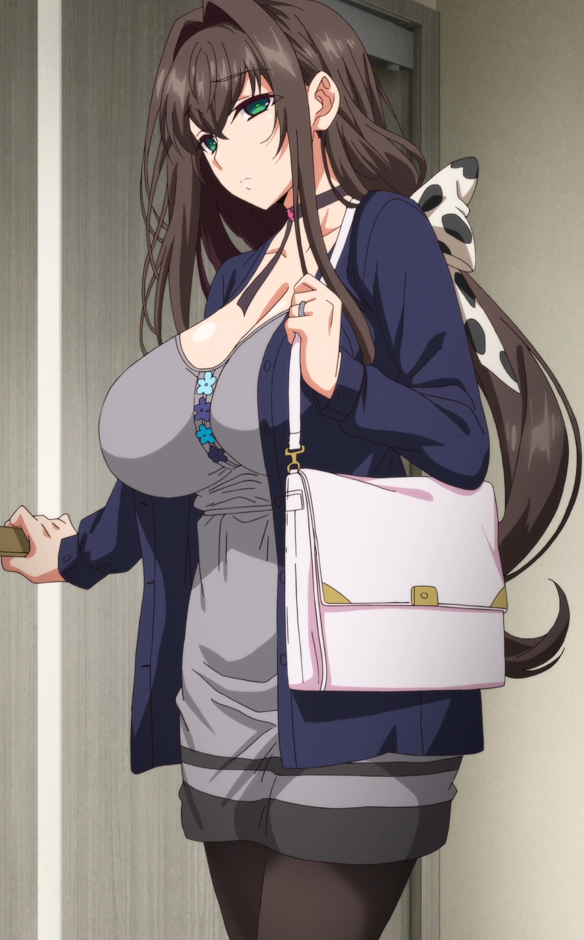1girls, 2020s, 2023, 20s, 2d, anime screencap, breasts, brown hair, choker, cleavage, clothing, female, green eyes, hips, holding breast, huge breasts, kasumi (tanetsuke ojisan to ntr hitozuma sex), large breasts, milf, ova, screencap, screenshot, showten, tanetsuke ojisan to ntr hitozuma sex the animation, thighs