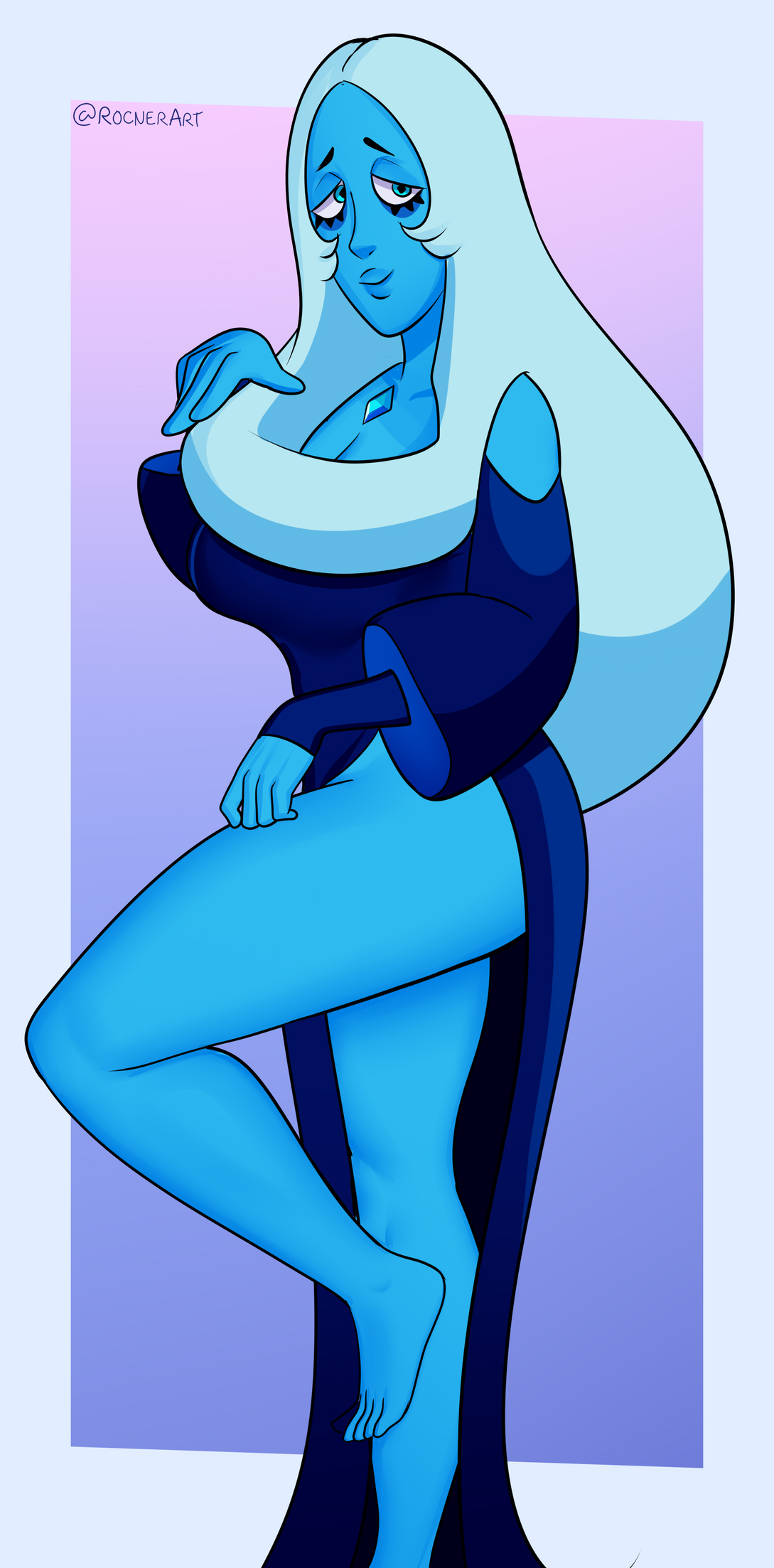 blue body, blue diamond (steven universe), blue eyes, blue hair, blue skin, bottomless, breasts, cartoon network, clothed, clothed female, clothing, covered breasts, covered nipples, diamond authority, dress, dress lift, dress up, eye bags, eyelashes, female, gem (species), humanoid, long hair, looking at viewer, rocner, solo, steven universe, thick thighs