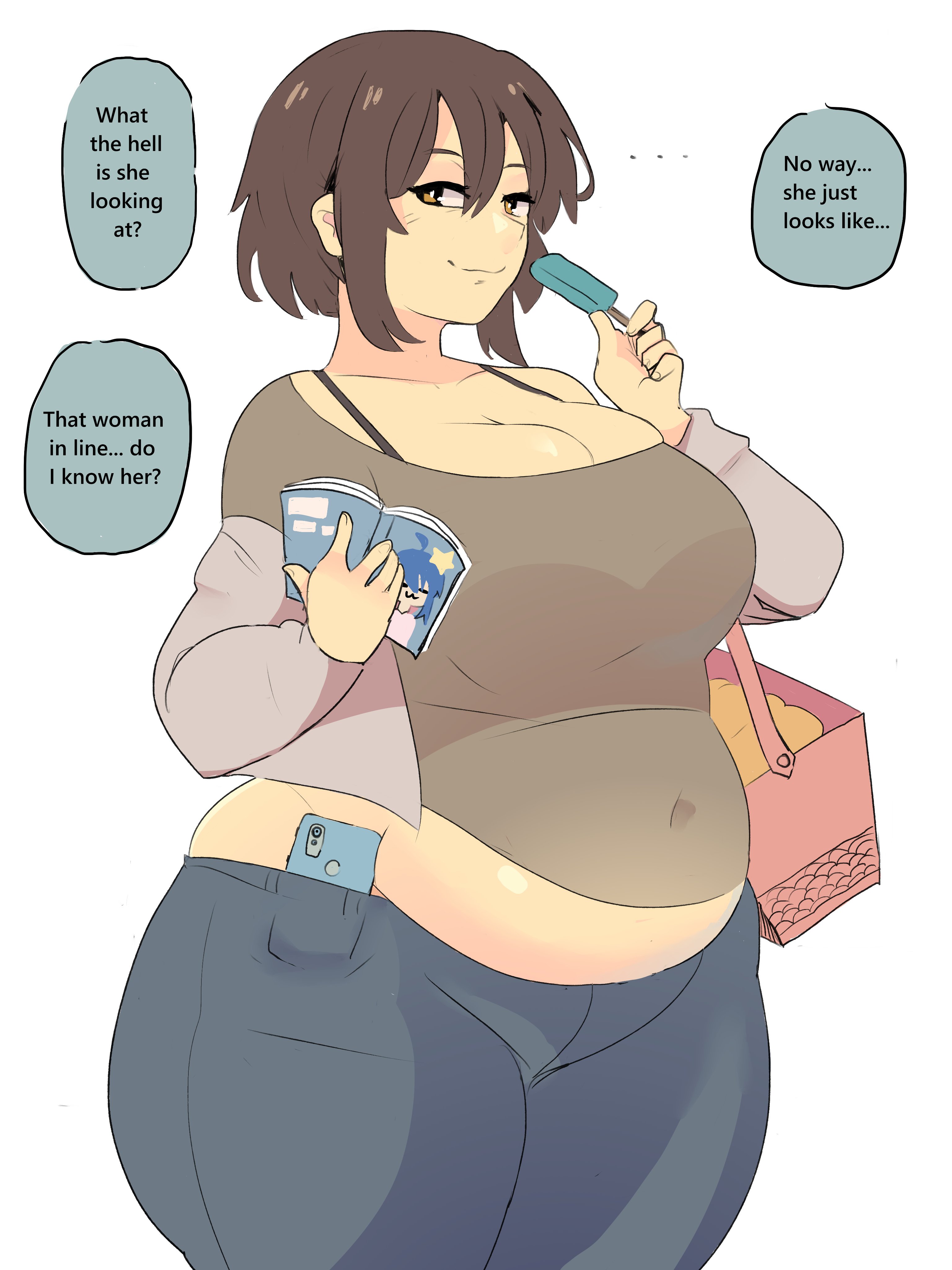 1girls, breasts, brown hair, clothing, english, english text, fat, female, huge belly, huge breasts, large breasts, napolitane, popsicle, suzumiya haruhi, suzumiya haruhi no yuuutsu, tagme