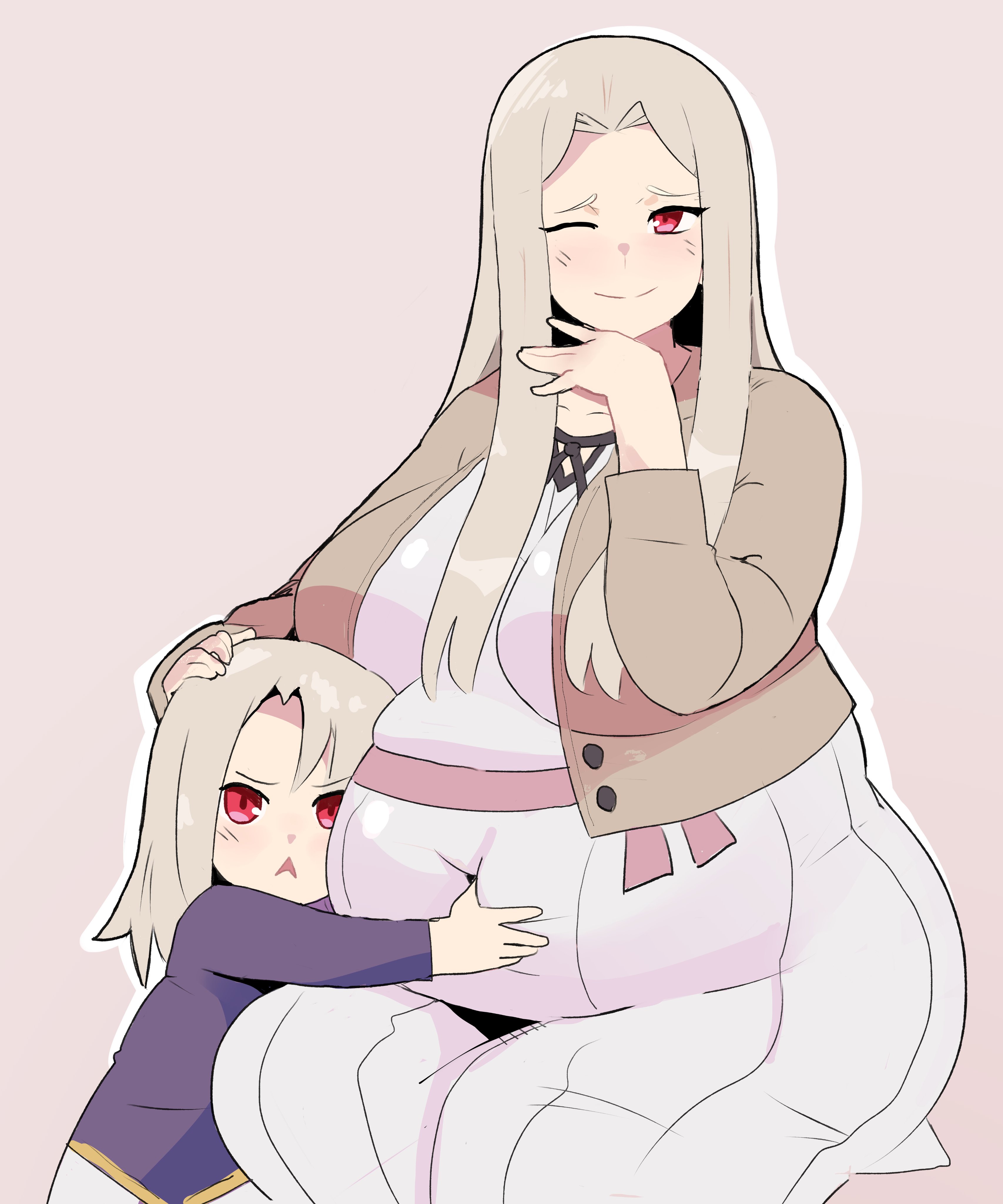 2girls, belly grab, breasts, fat, fate (series), female, huge belly, huge breasts, illyasviel von einzbern, irisviel von einzbern, mother and daughter, multiple females, multiple girls, napolitane, red eyes, silver hair, tagme