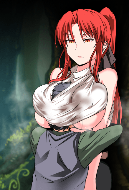 1boy 1boy1girl 1girls 2d age_difference big_breasts breasts breasts_bigger_than_head cg_art emotionless expressionless face_in_breasts female height_difference hug kagura_games male male/female nuko_majin older_female ponytail size_difference straight straight sweat sweatdrop taller_girl the_scarlet_demonslayer video_game video_games younger_male