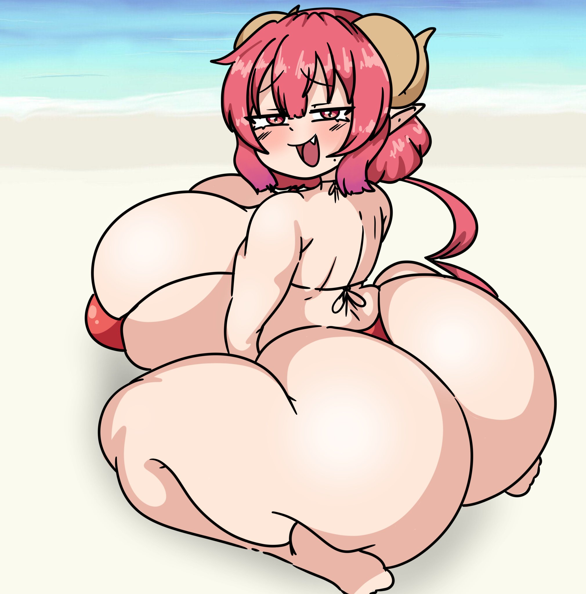 1girls, ass, beach, breasts, fangs, female, female focus, female only, gigantic ass, gigantic breasts, hyper ass, hyper breasts, hyper hourglass, ilulu (dragon maid), inakotho, micro bikini, miss kobayashi's dragon maid, ocean, sand, shortstack, skindentation, smug, string bikini