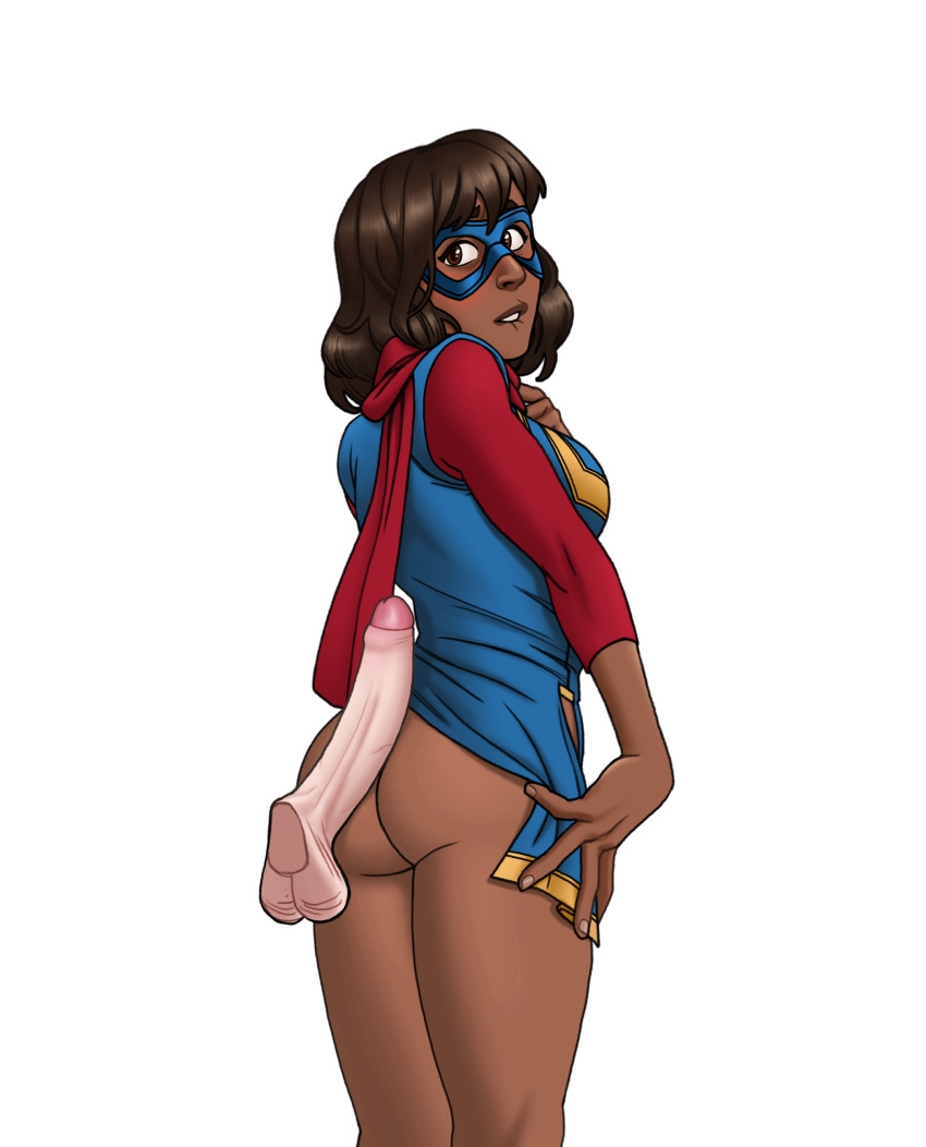 1girls ass big_balls big_penis biting_own_lip bleepideeboop blush brown_eyes brown_hair brown_skin dark-skinned_female disembodied_penis edit edited foreskin hero_costume horny horny_female imminent_sex interracial kamala_khan light-skinned_male light_skin male marvel marvel_comics mask masked_female ms._marvel ms._marvel_(kamala_khan) muslim muslim_female pakistani pakistani_female penis penis_on_ass seductive seductive_look small_waist smaller_female straight superhero_costume superheroine uncircumcised uncut unseen_male_face white_background younger_female