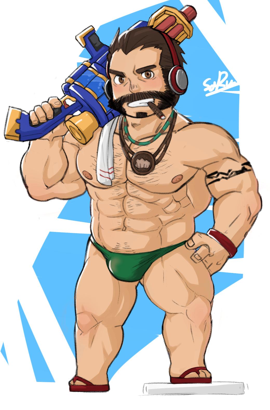 1boy abs bara beard brown_eyes brown_hair bulge bulge_through_clothing chest chest_hair chest_tuft cigarette dark_hair dilf facial_hair glensaru graves_(league_of_legends) holding holding_object league_of_legends looking_at_viewer male male_only muscular muscular_legs muscular_male pool_party_graves pool_party_series solo solo_focus solo_male speedo standing