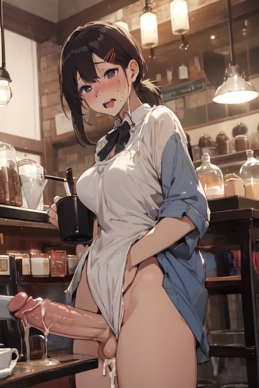 ai_generated big_balls big_penis chainsaw_man coffee cum dripping dripping_cum dripping_semen embarrassed futanari higashiyama_kobeni iced_latte_with_breast_milk iced_latte_with_dick_milk solo_futa stable_diffusion