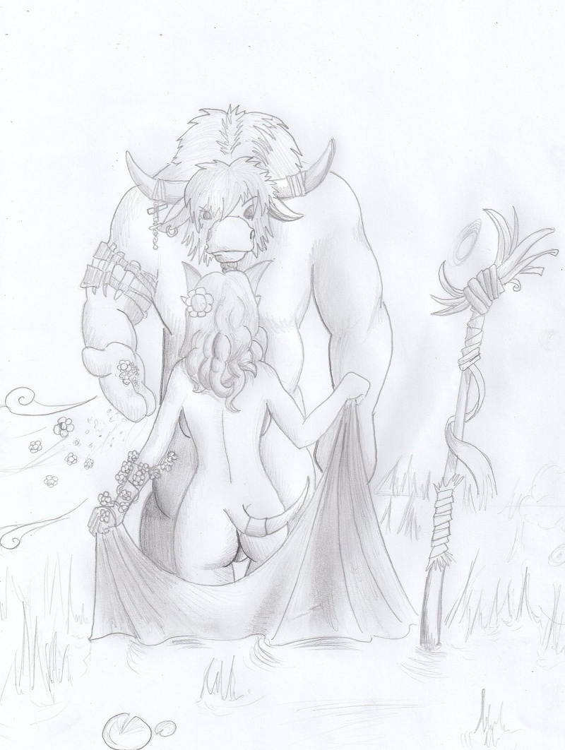 1boy 1girls blizzard_entertainment draenei interspecies koudfoudre original_character sketch skle tauren warcraft world_of_warcraft