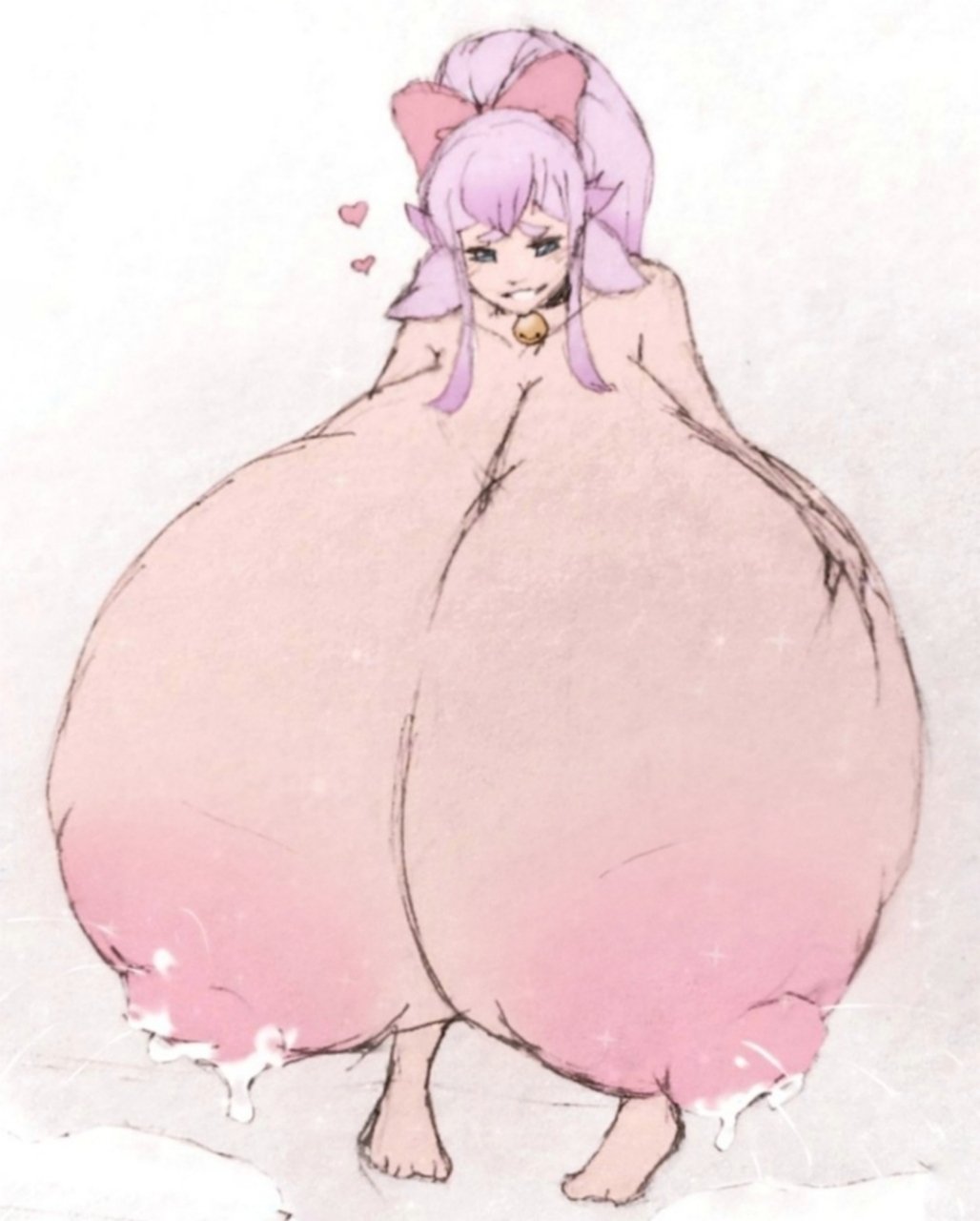 barefoot bell_collar blissful breast_expansion collar colored_sketch cow_girl gigantic_breasts happy heart holding_breast hyper_breasts lactation large_nipples sequence sketch smile