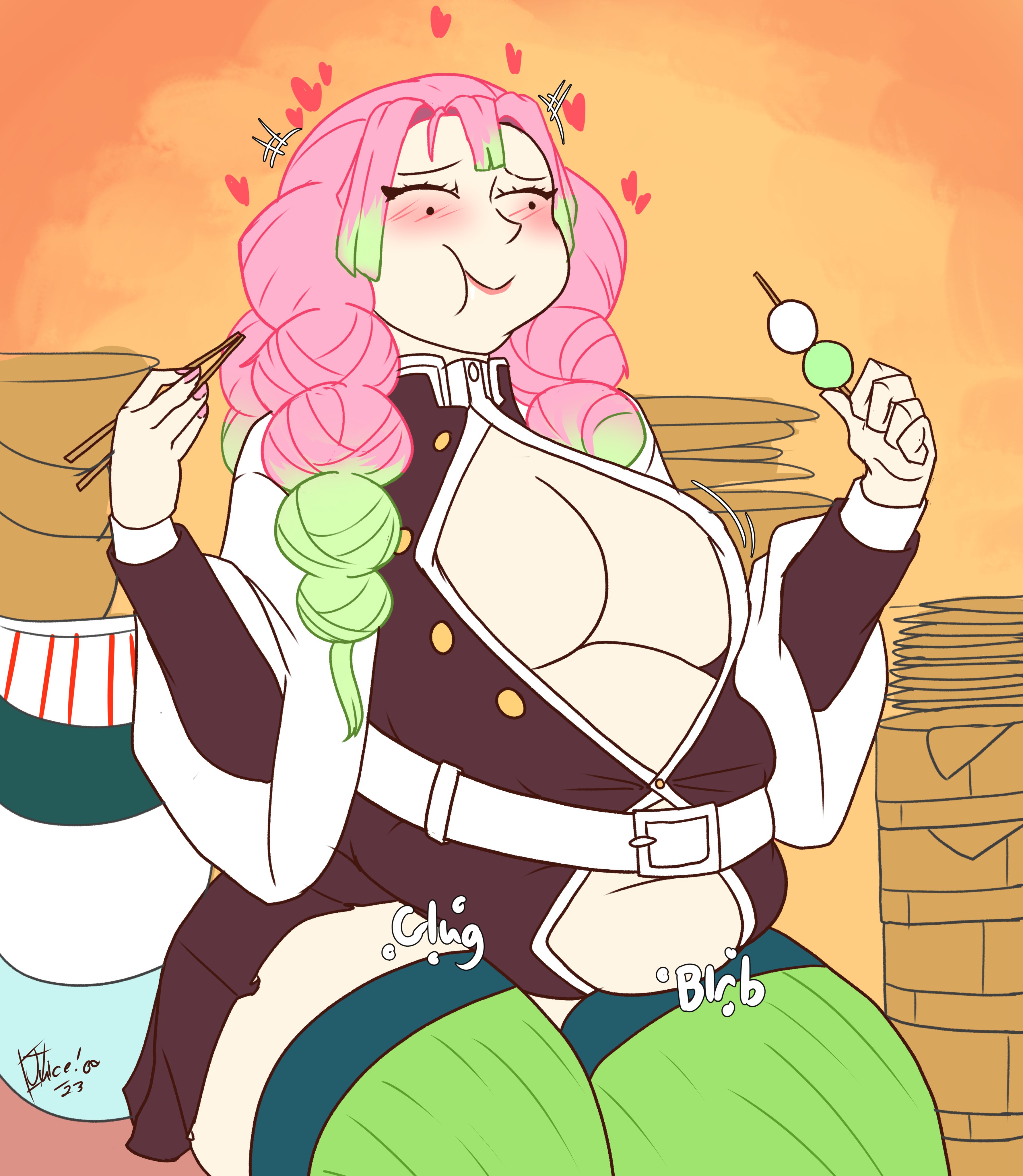 1girls, belt, belt around belly, blush lines, blushing, breasts, demon slayer, digestion noises, eating, fat, fat belly, fat female, female, happy, heart, hearts around head, huge belly, huge breasts, juice inyoureye (artist), kanroji mitsuri, kimetsu no yaiba, multicolored hair, obese, obese female, overweight, overweight female, pink hair, stomach noises, tagme, thick thighs, thighhighs, weight gain