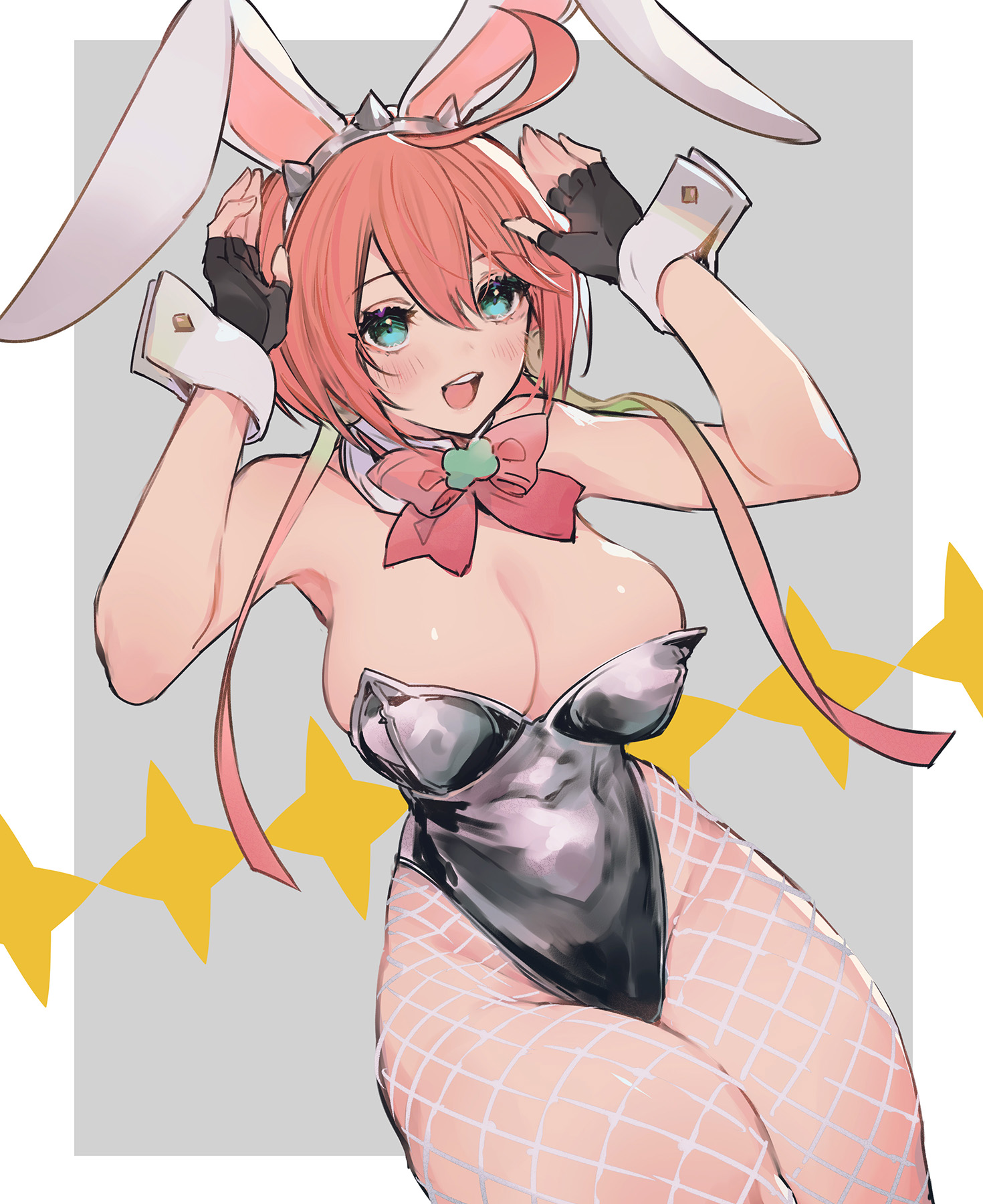 bowtie, breasts, bunny ears, bunny girl, bunnysuit, elphelt valentine, female, fishnets, guilty gear, huge breasts, huge thighs, thick thighs, wide hips