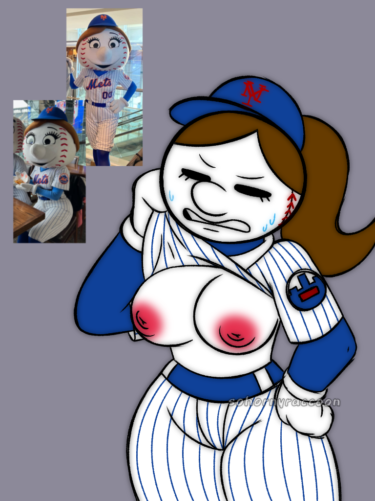 alternate_version_available annoyed annoyed_expression baseball_cap baseball_uniform breasts brown_hair closed_eyes clothed clothes clothing exposed_breasts gloves lifting_shirt mrs._met new_york_mets ponytail reference_image self_upload simple_background sohornyraccoon sweat sweatdrop sweating watermark white_body wiping_sweat wiping_with_shirt wtf