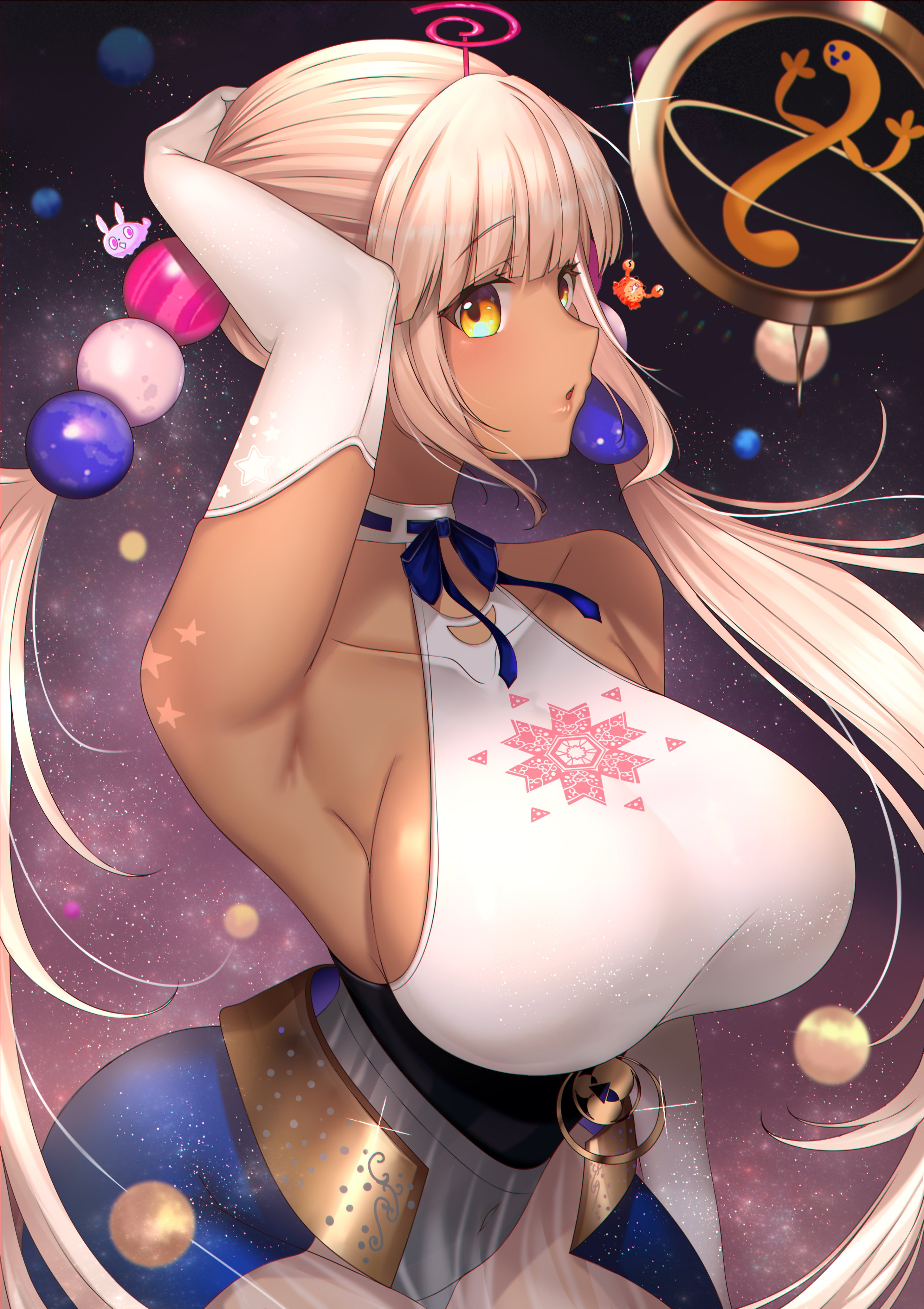 absurdres, armpits, blonde hair, breasts, collarbone, commentary, dark skin, dark-skinned female, elbow gloves, english commentary, female, gloves, hair ornament, highres, hololive, hololive english, hololive english -council-, large breasts, long hair, parted lips, planet hair ornament, see-through, see-through skirt, sideboob, skirt, solo, tsukumo sana, virtual youtuber, yellow eyes