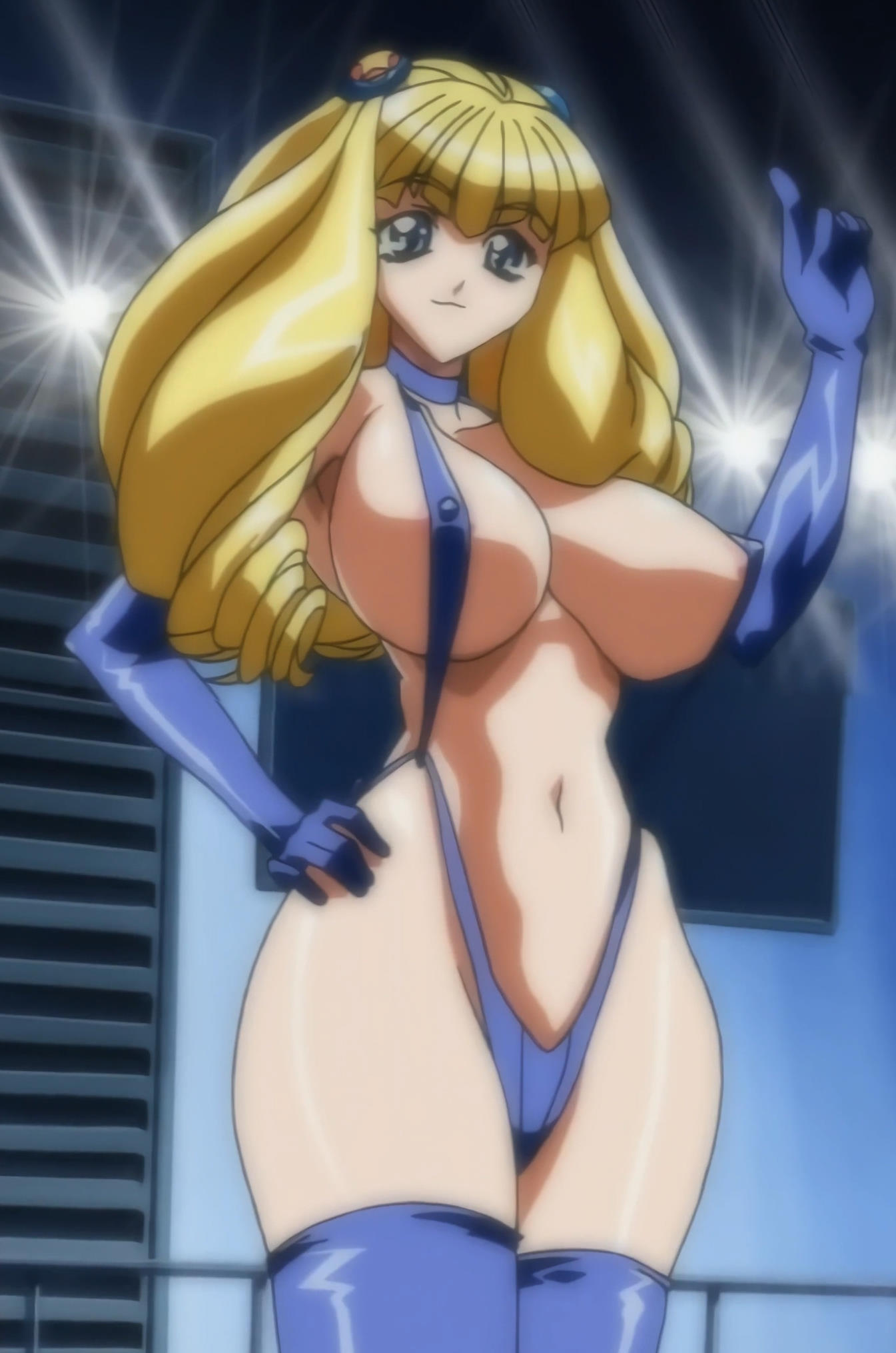 areolae blonde_hair blue_eyes breasts hips huge_breasts large_breasts marine_a_go-go nipples pink_pineapple screencap screenshot south_pole_one swimsuit thick_thighs thighhighs thighs tummy wide_hips